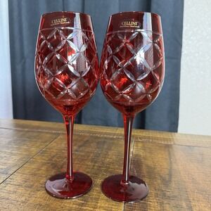 Set Of 2 CELLINI Red Cut To Clear Diamond Hand Blown Wine Water Goblet Glasses